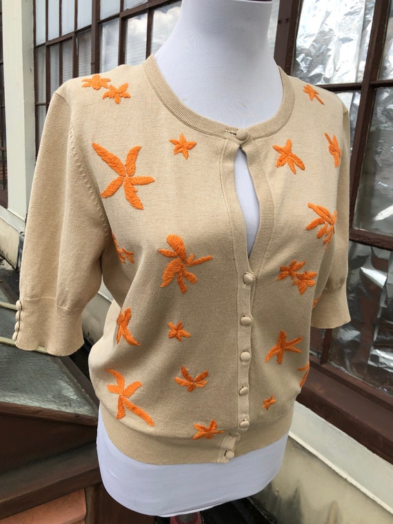 90s Starfish Silk Cotton Knit Beige Orange Embroi… - image 8