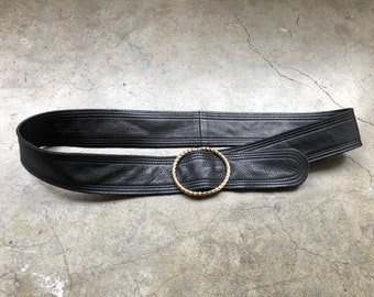 80s 90s Soft Black Leather Adjustable Fashion Belt Oval  display picture 3