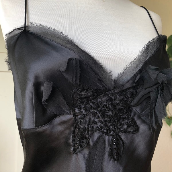 Black Silk Satin Sleeveless Tank Camisole Cami Top sz M Pajama Slip Blouse 1990s Blouse Sweetheart 90s y2k Vintage Top Sheer Chiffon Floral