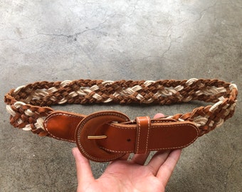 70s 80s Wide Brown Tan Leather Cotton Rope Woven Belt  display picture 1