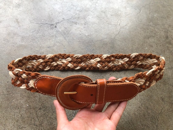 70s 80s Wide Brown Tan Leather Cotton Rope Woven … - image 9