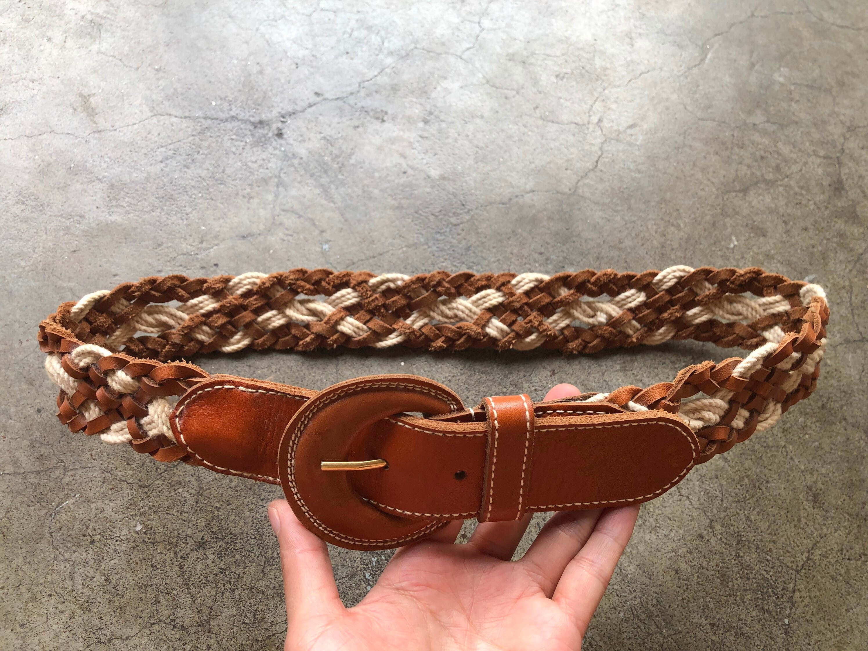 70s 80s Wide Brown Tan Leather Cotton Rope Woven Belt  display picture 2