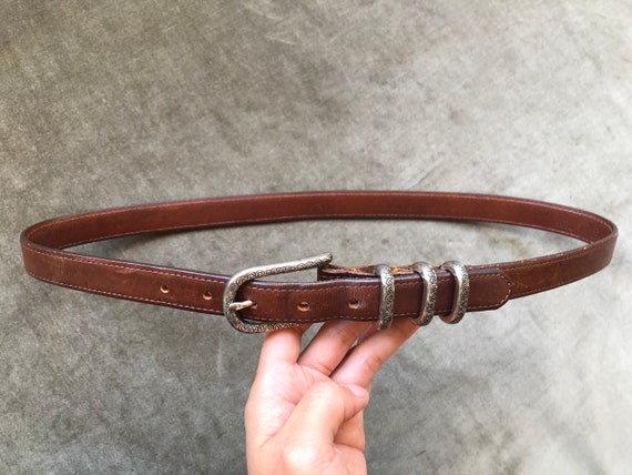 Skinny Aged Brown Leather Western Belt Silver Ton… - image 6