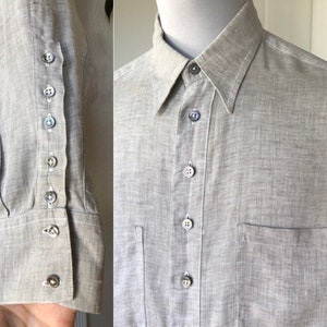 Thin Linen Woven Long Sleeve Button Up Down Oxford Shirt L XL 1990s 90s Vintage Chest Pocket Lightweight Oatmeal Light Gray Made in England