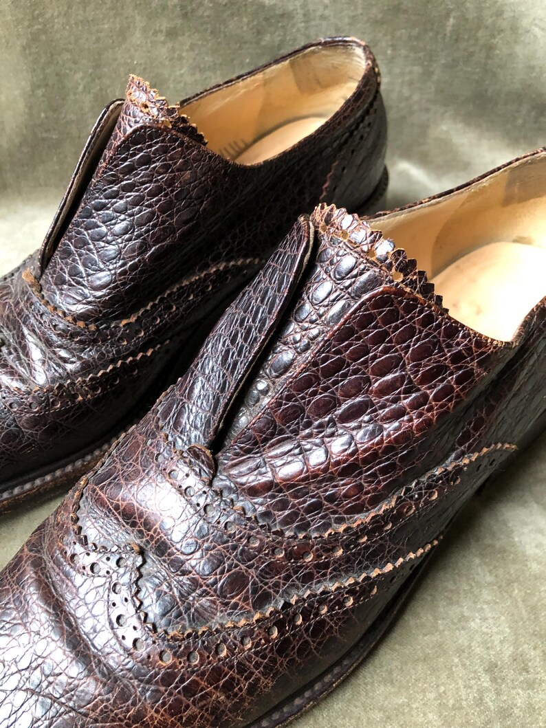 May include: A pair of brown leather shoes with a crocodile-embossed pattern. The shoes have a wingtip design and a lace-up closure.
