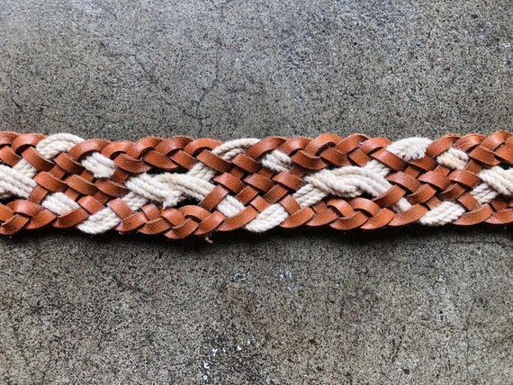 70s 80s Wide Brown Tan Leather Cotton Rope Woven … - image 7