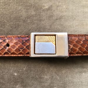 Puede incluir: Un cinturón de textura de piel de serpiente marrón con una hebilla metálica rectangular. La hebilla tiene un marco de plata pulida que rodea una pieza central bicolor con una sección superior dorada texturizada y una sección inferior plateada lisa.