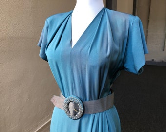 1940s Blue Rayon Short Sleeve Rhinestone Studded Belted Dress Gown 40s True Vintage S M Womens Pin Up Rockabilly Volup Retro Sarong Ruched