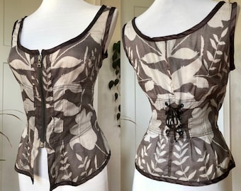 Auth PRADA Milano Seda Algodão Estampa Floral Equipada com Zip Up Espartilho Regata Criss Cross Lace Back Blusa 1990s 90s Vintage y2k Cinza Marrom Cetim