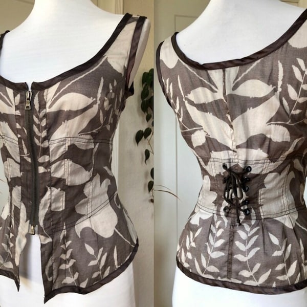 Auth PRADA Milano Silk Cotton Floral Print Fitted Zip Up Corset Tank Top Criss Cross Lace Back Blouse 1990s 90s Vintage y2k Gray Brown Satin