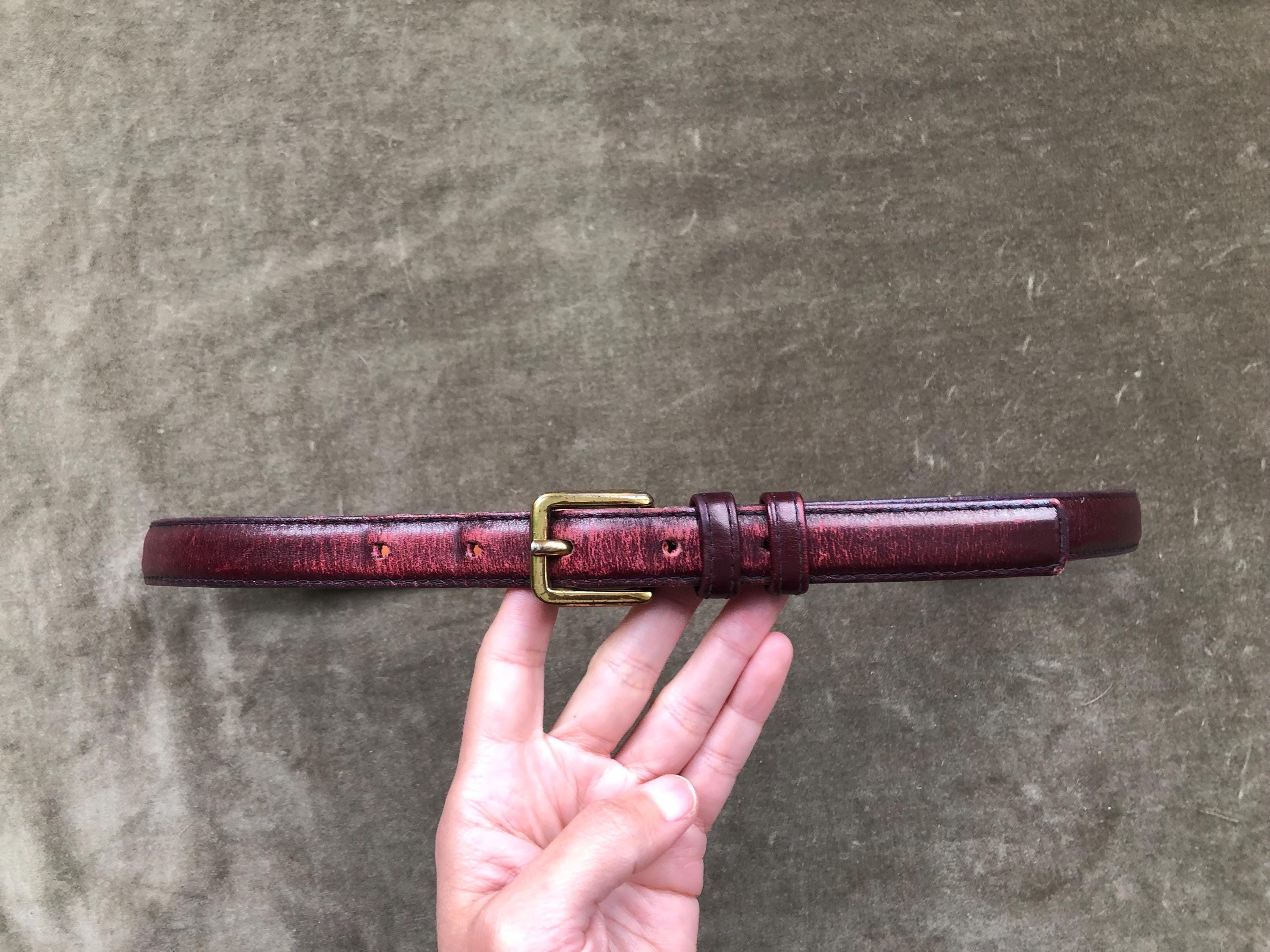 70s 80s Super Skinny Leather Belt Solid Brass Retro Buckle  display picture 2