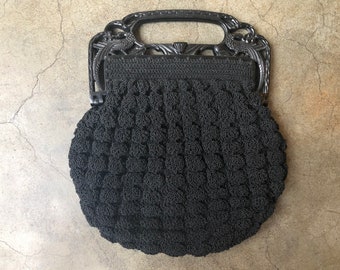 Antique 1940s Round Black Fabric Bag Cord Art Deco Handbag Purse Vintage 40s Corded Embroidered Lacy Floral Pierced Plastic Handle Asian Bag