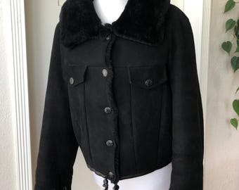 Acne Studios Lamb Shearling Fur Black Suede Leather Short Cropped Snap Button Jacket Coat Thick Collar 36 S Womens Aviator Bomber Sheepskin