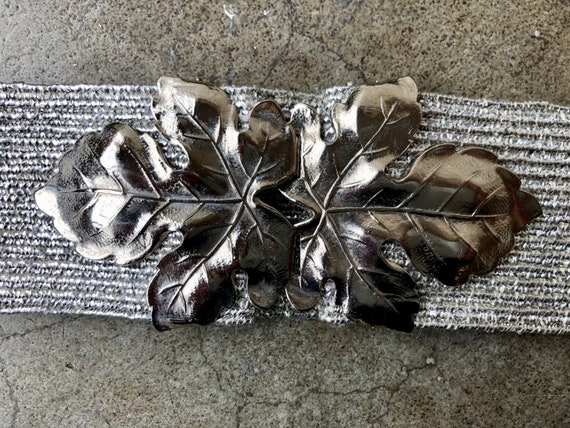 70s Maple Leaf Buckle Silver Lame Metallic Stretch Woven 
