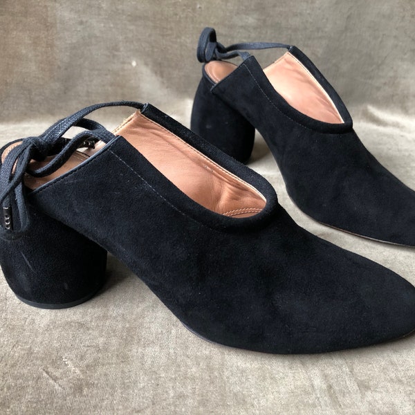 Dries Van Noten Black Suede Leather Chunky Round Barrel High Heel Open Back Slingback Retro Mod Drawstring Ankle Tie Shoes Size 37 7 Mules