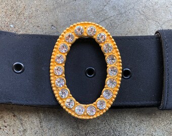 Vintage St John\'s Black Satin Covered Statement Rhinestone Belt, Women\'s Size 6 80s Vintage St John Black Satin Belt: Gold Rhinestone Accent  main image 3
