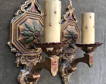 1920s Antique Art Deco Spanish Revival Floral Art Deco Single Arm Pair Set of Electric Wall Sconces Light Fixture Polychrome Painted 1930s