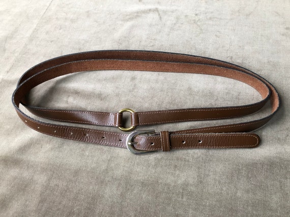 1960s 70s Skinny Double Wrap Belt Gold Buckle O Ring Dark  display picture 3