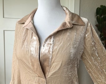 Silk Crushed Velvet Shimmery Beige Cream Taupe Tunic Oxford Blouse Vintage XS XXS 1990s 90s y2k Short Cropped Sleeve Peasant Retro Boho Top