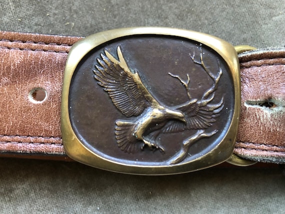 c.1984 Solid Bronze Bird Buckle Retro Brown Thick… - image 1