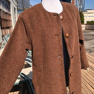 90er Braun Retro Shag Wolle Mohair Tweed Speckle Schlichte Asiatische Jacke Cardigan Gr. S 1990er Vintage Damen Minimalist Fuzzy Teddybär