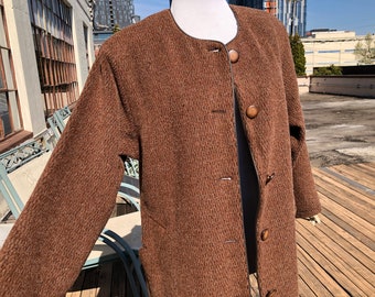 90s Brown Retro Shag Wool Mohair Tweed Speckle Simple Asian Coat Jacket Cardigan size S 1990s Vintage Womens Minimalist Fuzzy Teddy Bear