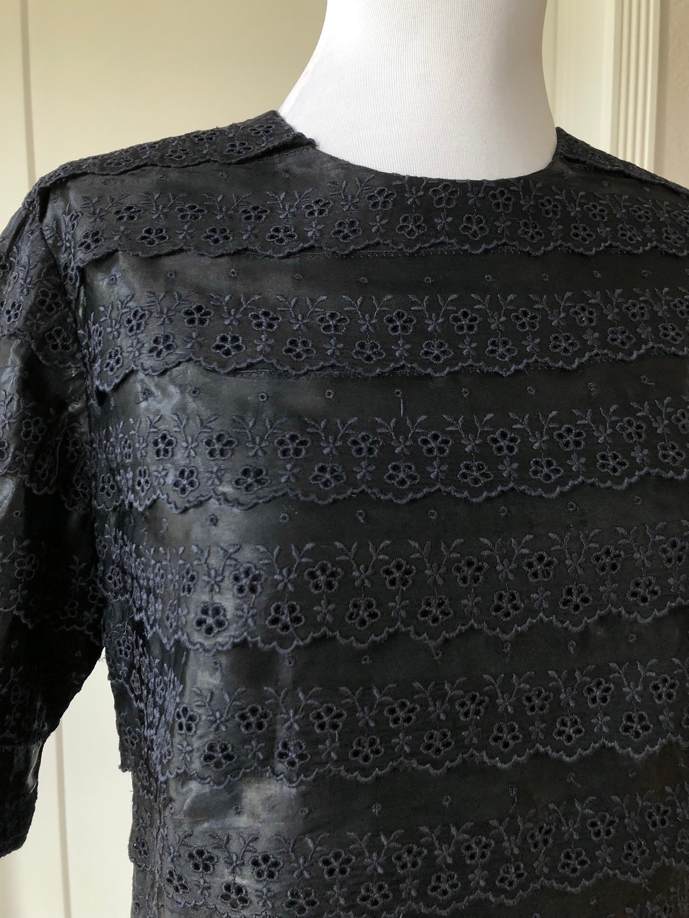 60s Black Satin Lacey Floral Eyelet Embroidered Tiered Lace Blouse Short Sleeve Top Boxy S Vintage 1950s 1960s Scalloped Fringed Preppy Goth