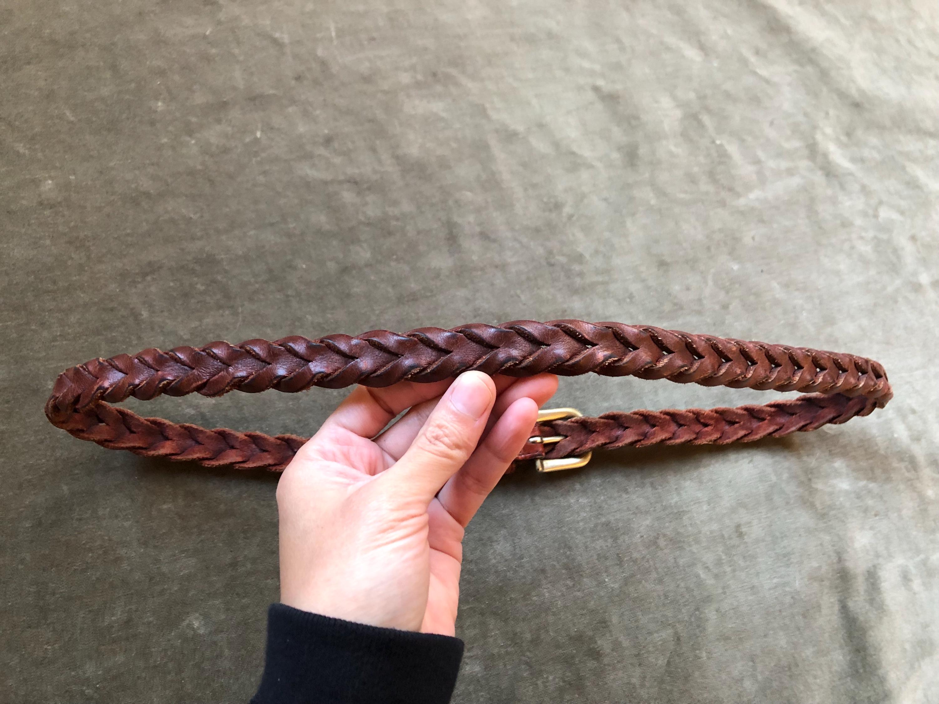 90s Rustic Brown Leather Skinny Braided Woven Rope Belt Aged  display picture 1