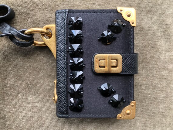 Auth PRADA Trick Cahier Black Satin Key Charm Notebook Journal