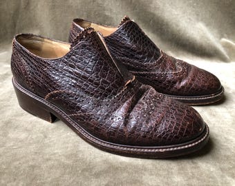 Calvin Klein Italië ronde neus krokodillenleer reliëf brogue oxfords platte dikke schoenen lage hak dames Amerikaanse maat 9 B vintage donkerbruin