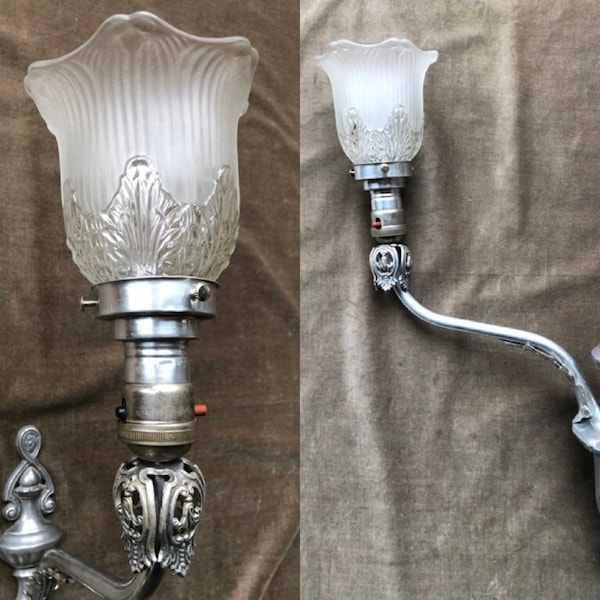 Rare 1910s Edward Kent Pewter Electrified Wall Fixture Electric Sconce Lamp Silver Art Nouveau Antique Vintage 1900s 1920s Light Ornate