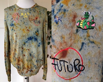 Vivienne Westwood x Andreas Kronthaler Unisex Thin Silk Knit Tiedye Splatter Tie Dye Pullover Sweater Blouse Top M NWT Embroidered Patches