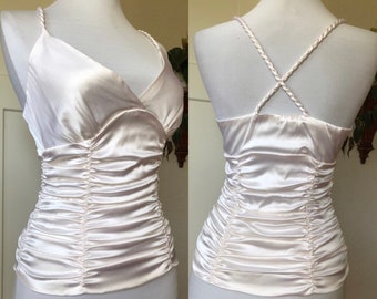 90s Silk Satin White Ivory Smocked Halter Stretch Top Cami Camisole Tank Bebe Vintage 1990s XS S Gathered Ruched Sexy Strappy Y2K Blouse