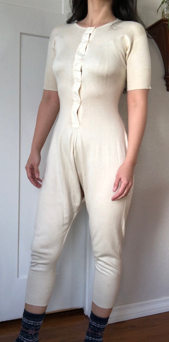 Antique 1900s Knit One Piece Thermal Pajama Rompe… - image 4