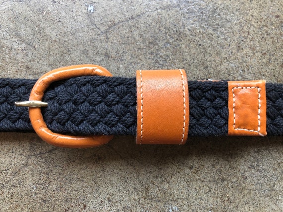 Vintage Brown Tan Leather Black Cotton Woven Braided 