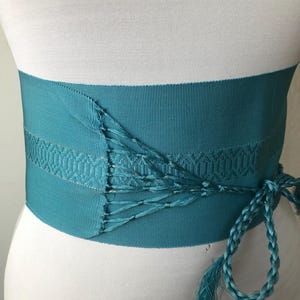 Mid Century Japanese Kimono Robe Silk Woven Ribbon Sash Fashion Wide Tie Belt  Turquoise Blue Vintage Boho 1960s 1970s Japan Fabric Obi