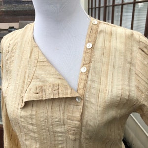 Vintage Raw Natural Silk Lightweight Tan Beige Cream Long Tunic Shirt Blouse Dress XS S Women India Boho long sleeve Pajama Nightgown Henley
