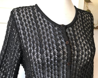 Sheer Lacy Knit Crochet Witchy Boho Black Cardigan Sweater Blouse Top 90s 1990s y2k Vintage Size S M Rayon Crocheted Lace Grunge Goth Slinky