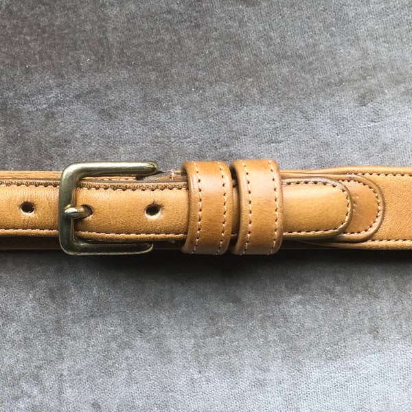 COACH 1960s 70s Vintage Soft Tan Cognac  Glove Tanned Leather Belt Western Solid Brass Buckle Size XS S 26 27 28 Waist 1970s 60s Skinny Slim