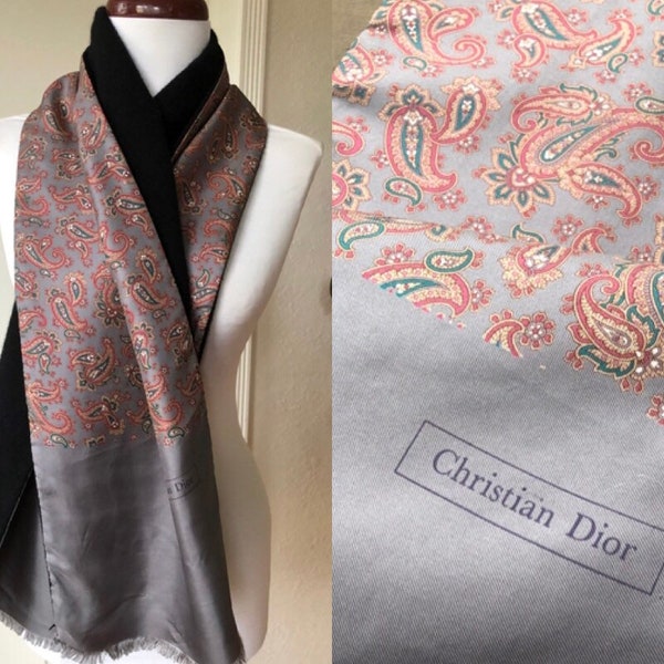 Christian Dior Logo Silk Twill Gray Floral Paisley Print Double Sided Black Wool Woven Unisex Scarf Shawl Neck Muffler 1980s 80s Vintage