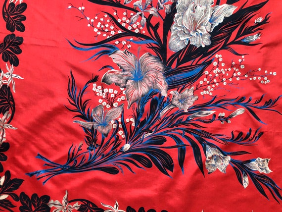 Thai Silk Red Blue Cream Floral Painted Paisley B… - image 3