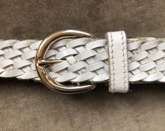 VINTAGE WIDE BELT WOVEN LEATHER BOHO WHITE DISTRESSED LEATHER BELT S M Vintage Braided Woven Leather Belt/ White/ Boho Hippie Style  main image 3