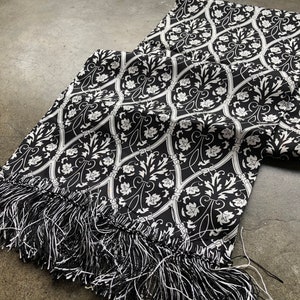 Silk Long Fringed Neck Scarf Silk Twill Contrast Vine Floral Victorian Print Black and White 1990s 90s Vintage Evening Shawl Art Nouveau image 6