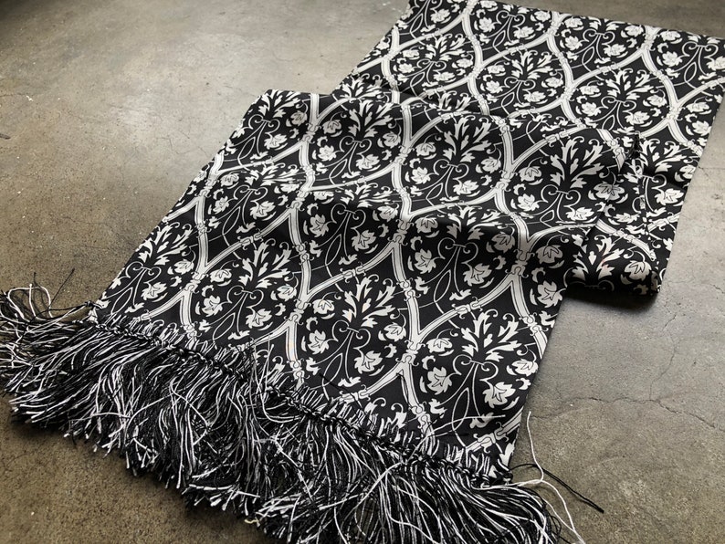 Silk Long Fringed Neck Scarf Silk Twill Contrast Vine Floral Victorian Print Black and White 1990s 90s Vintage Evening Shawl Art Nouveau image 6