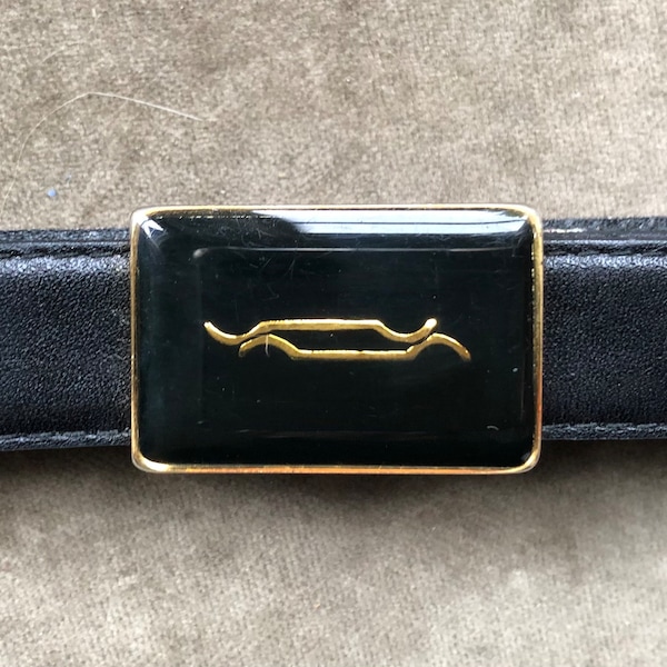 1970s 80s Skinny Black Leather Belt Retro Enamel Gold Pin Buckle Vintage 70s 1980s Unisex Size S M L 29 30 31 32 Waist Slim Italian Italy