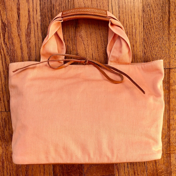 Mini fourre-tout Ralph Lauren pêche Orange corail coton tissé tissu Tan cuir sac sac à main petit fourre-tout sac à main des années 1990 90 s vintage Tie Top Y2K Pastel