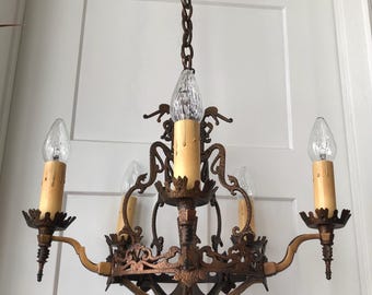 1920s Antique Bronze Seahorse Dragon Tudor Gothic Spanish Revival