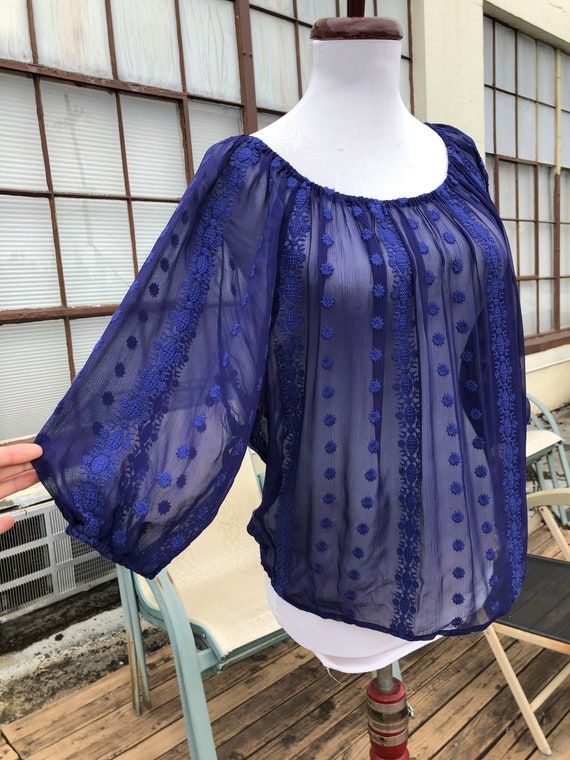 Blue Sheer Silk Chiffon Floral Embroidered Boho Peasa… Gem