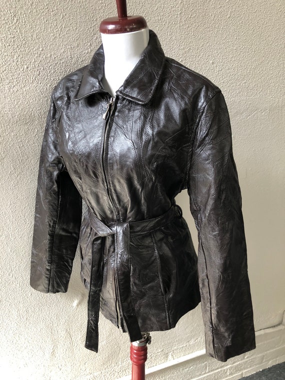90s Espresso Dark Brown Leather Patchwork Sewn Pi… - image 8