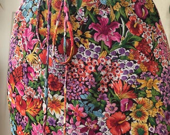 90s Silk Chiffon Sheer Rainbow Floral Print Ruffle Tulip Knee Skirt Size M 1990s Vintage 1930s Tea style Bias Cut 30s Grunge Boho Flirty